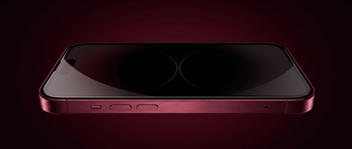 Anti-peeping tempered glass screen protector on a dark red smartphone against a dark background.