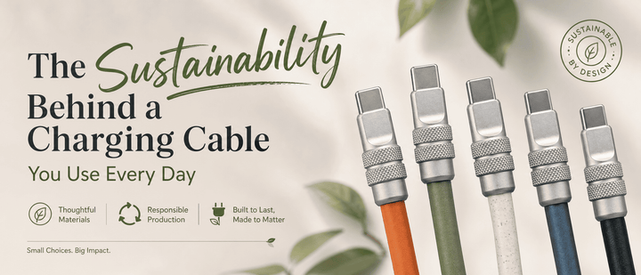 Blog header image featuring five colorful charging cable connectors and the text "The Sustainability Behind a Charging Cable You Use Every Day."