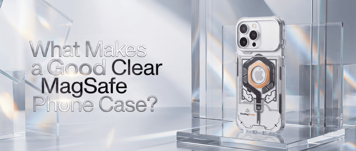 Clear MagSafe phone case on a reflective glass podium with abstract geometric backdrop and product title text.