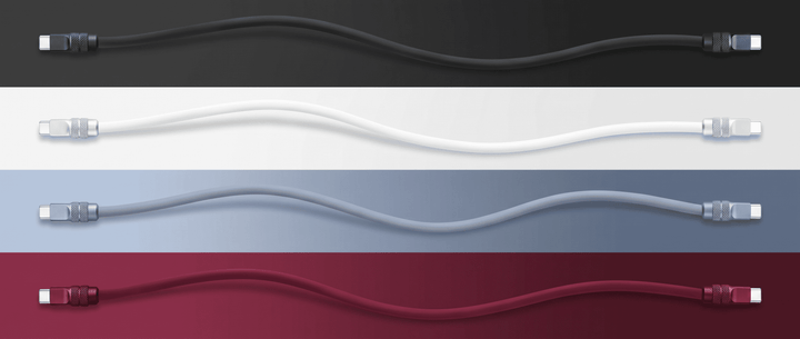 Chubby 18 USB-C cables in four colors — Black, White, Light Blue, and Dark Cherry — laid flat on matching color backgrounds
