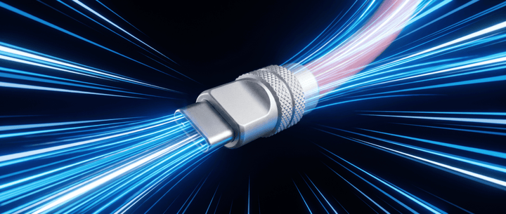 Glowing USB-C cable with blue and white data stream light trails against a dark background.