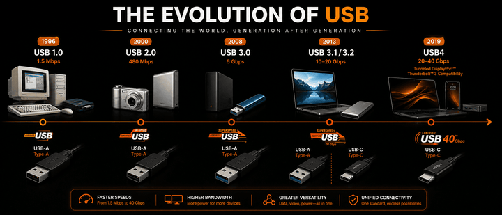 Timeline infographic illustrating the evolution of USB standards from USB 1.0 (1.5 Mbps in 1996) to USB4 (up to 40 Gbps in 2019), showing corresponding speeds, connector types (Type-A and Type-C), and hardware examples.