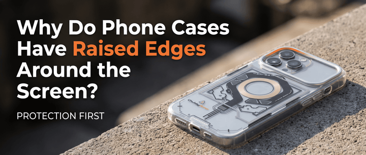 A blog cover image showing a smartphone with a protective case on a stone surface, featuring the text "Why Do Phone Cases Have Raised Edges Around the Screen?".