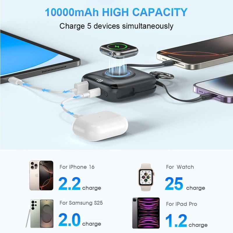 ChubbyCharge 10000mAh Power Bank with Magnetic for Apple Watch & Built-in iPhone Cable